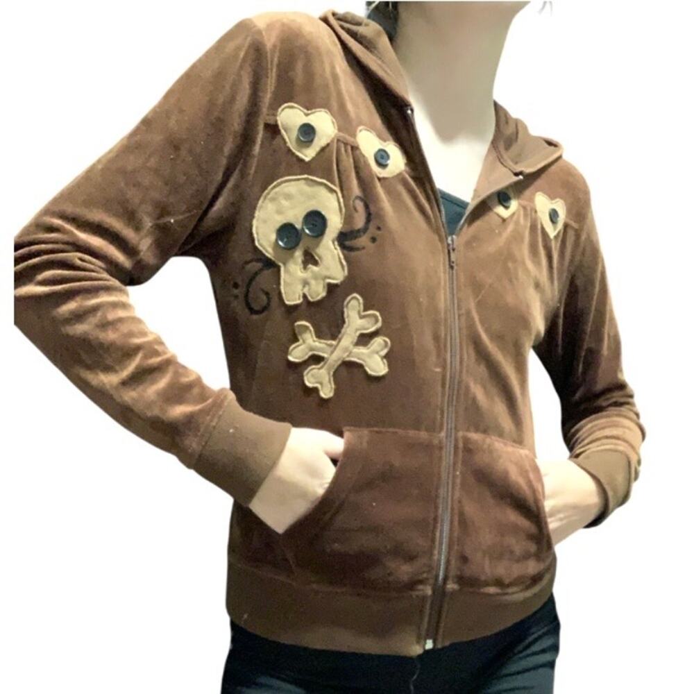 Custom Upcycled Y2K Skull Heart Velour Zip Hoodie – Medium